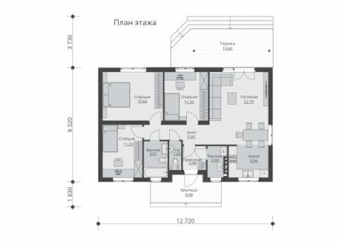 Одноэтажный жилой дом с тремя спальнями и терассой